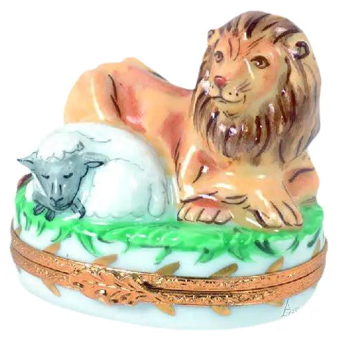 Lion And Lamb Jewish Christian Porcelain Limoges lion baby religion spiritual myth French Trinket Box