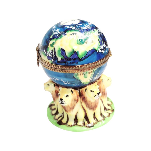 Lions Supporting World Globe Porcelain Limoges LIMOGES BOXES travel cat wild French Trinket Box