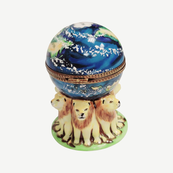 Lions Supporting World Globe Porcelain Limoges LIMOGES BOXES travel cat wild French Trinket Box