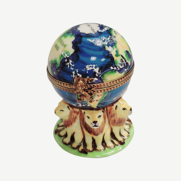 Lions Supporting World Globe Porcelain Limoges LIMOGES BOXES travel cat wild French Trinket Box