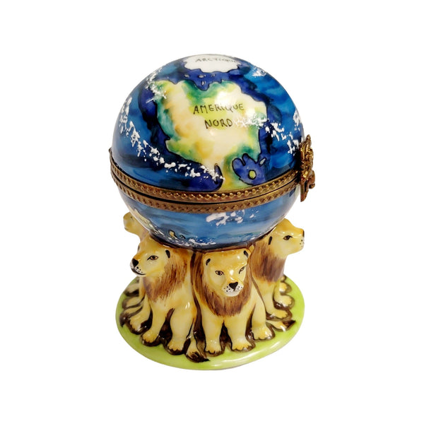 Lions Supporting World Globe Porcelain Limoges LIMOGES BOXES travel cat wild French Trinket Box
