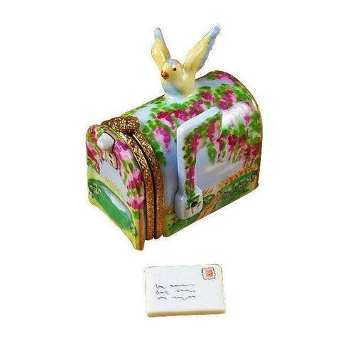 Mailbox Wisteria & Yellow Bird Porcelain Limoges Garden home French Trinket Box