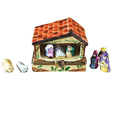 Manger with 8 Removable Pieces Porcelain Limoges Nativity French Trinket Box