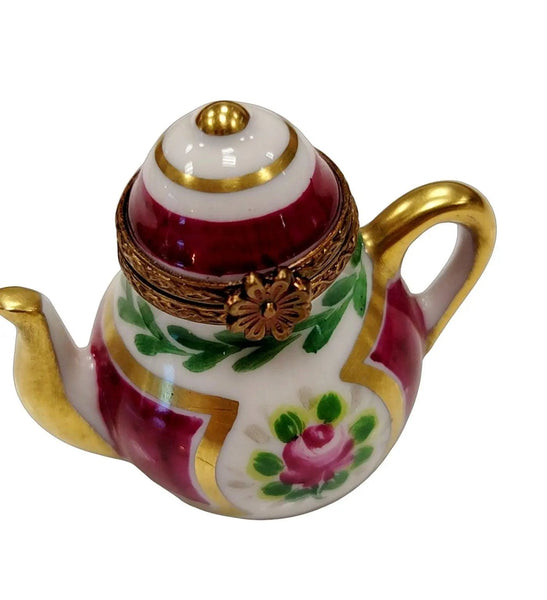 Maroon Floral Limoges Teapot Porcelain Limoges China French Trinket Box