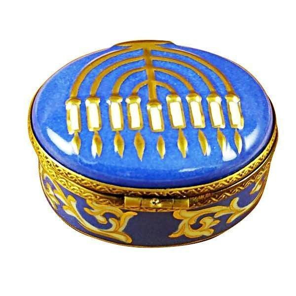 Menorah - Blue Porcelain Limoges Religion spiritual French Trinket Box