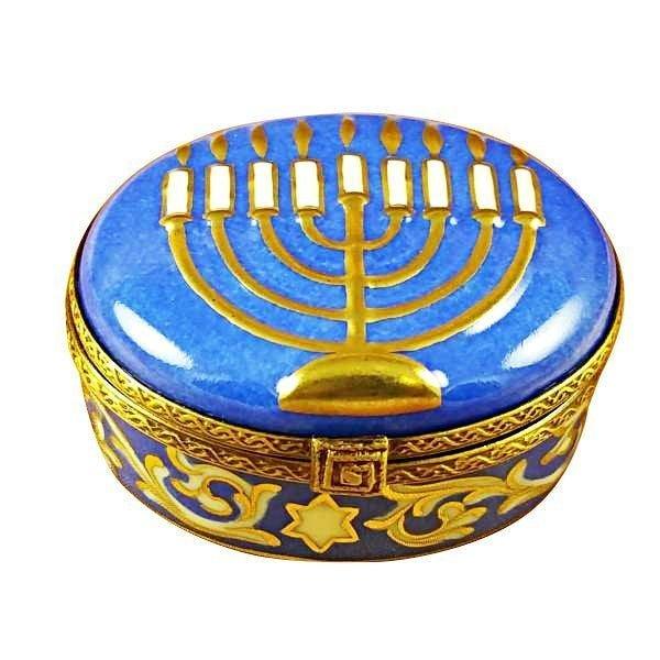 Menorah - Blue Porcelain Limoges Religion spiritual French Trinket Box