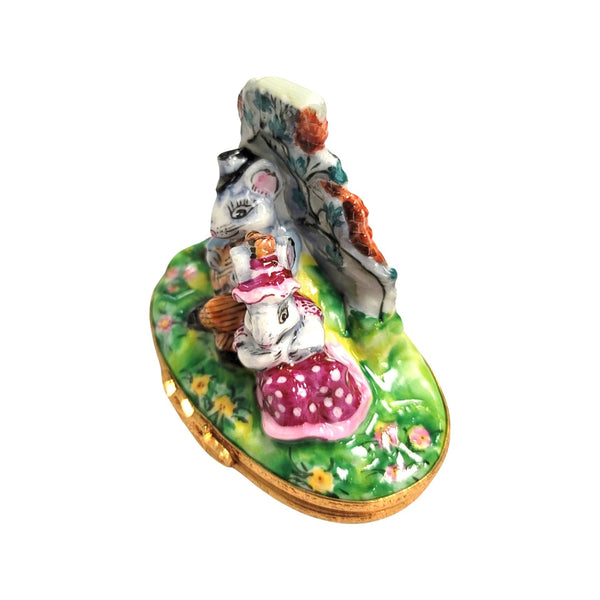 Mice Serenading in Blooming Garden Porcelain Limoges mice house rabbit love valentine French Trinket Box