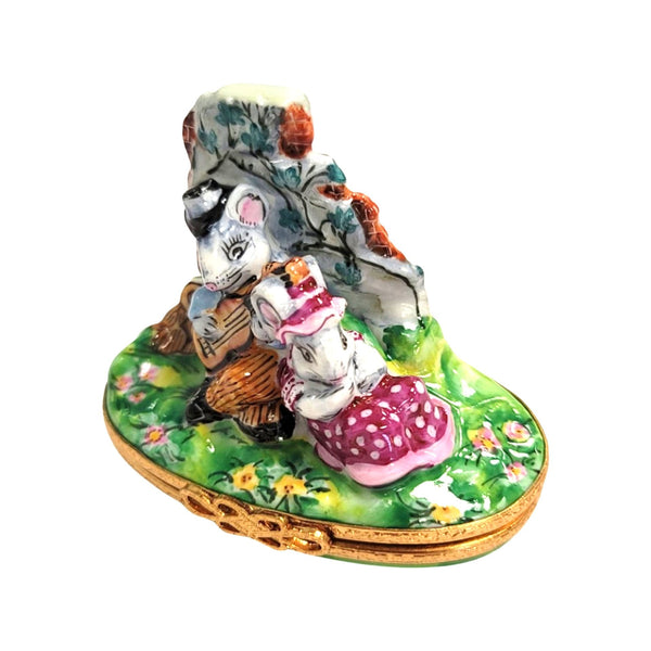 Mice Serenading in Blooming Garden Porcelain Limoges mice house rabbit love valentine French Trinket Box