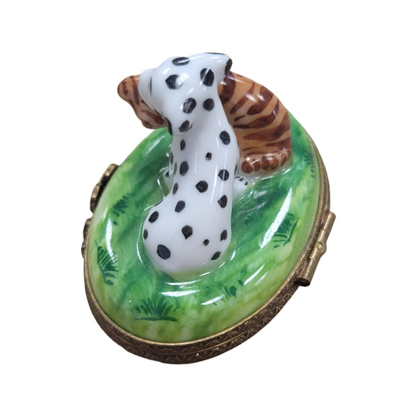 Mini Dalmatian and Cat Figurine Porcelain Limoges Dog LIMOGES BOXES cat French Trinket Box