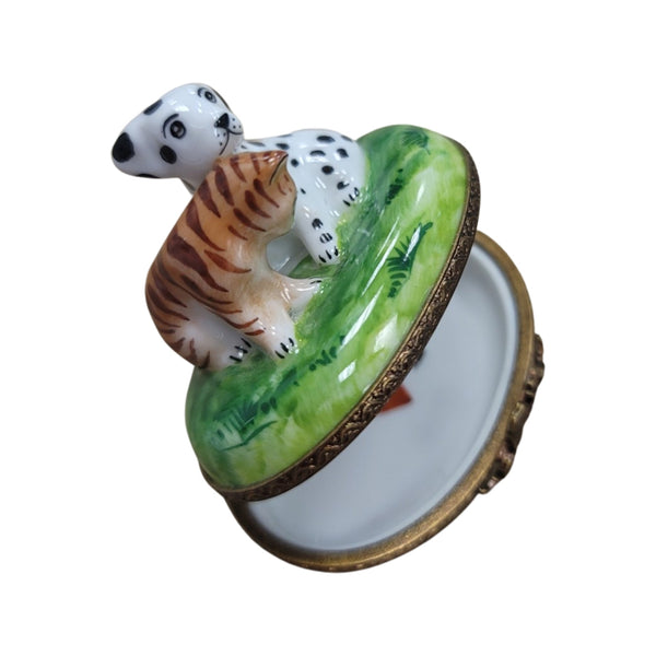 Mini Dalmatian and Cat Figurine Porcelain Limoges Dog LIMOGES BOXES cat French Trinket Box