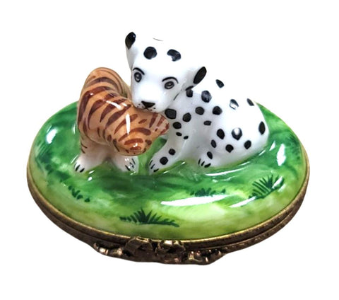 Mini Dalmatian and Cat Figurine Porcelain Limoges Dog LIMOGES BOXES cat French Trinket Box