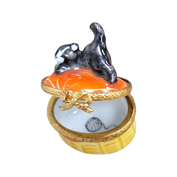 Miniature Black Cat Treasure Porcelain Limoges Cat French Trinket Box
