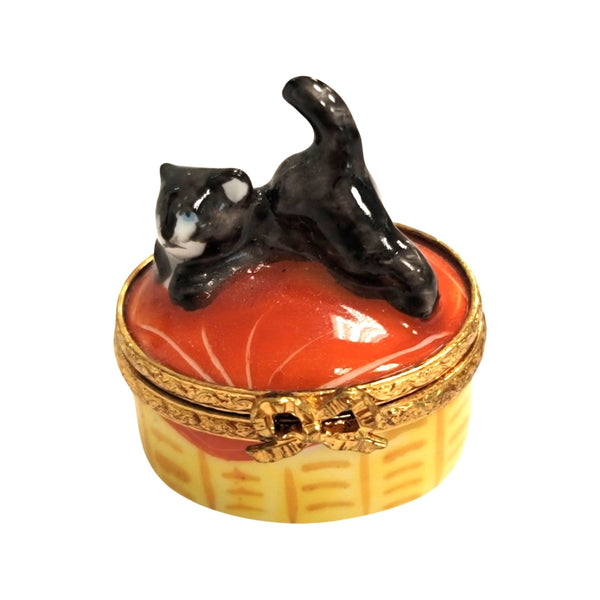 Miniature Black Cat Treasure Porcelain Limoges Cat French Trinket Box