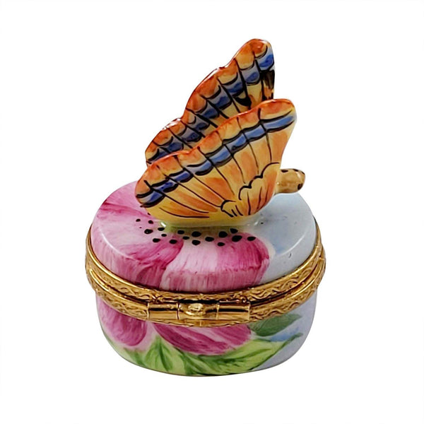 Monarch Butterfly with Brass Flower Porcelain Limoges Butterfly French Trinket Box