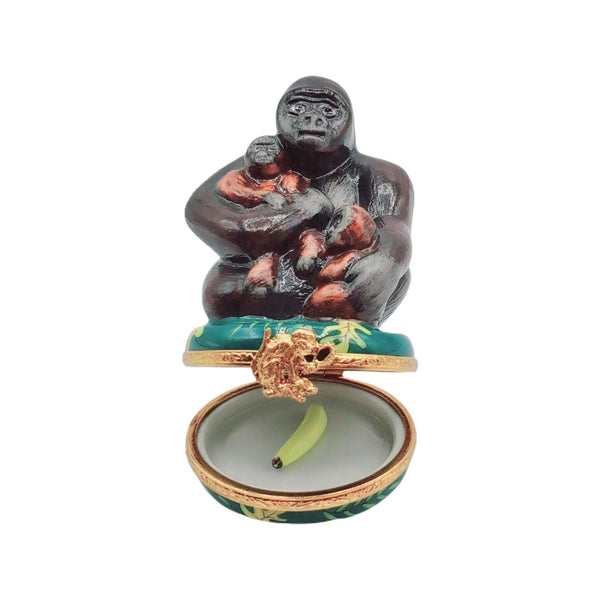 Mother Gorilla And Babies Porcelain Limoges wild animals French Trinket Box