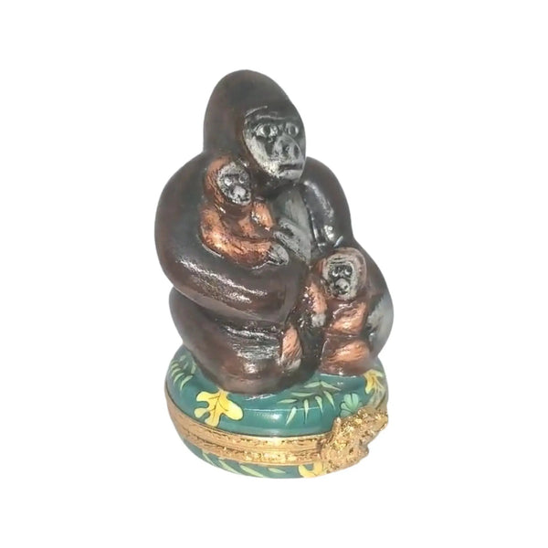 Mother Gorilla And Babies Porcelain Limoges wild animals French Trinket Box
