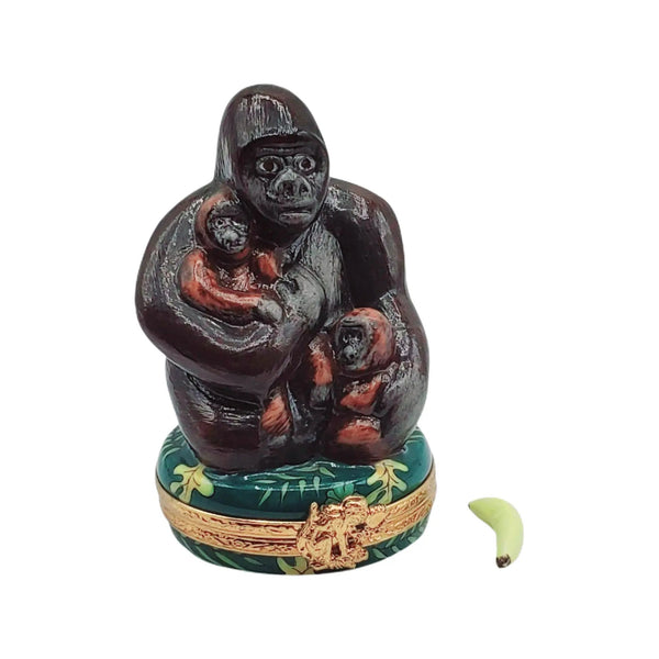 Mother Gorilla And Babies Porcelain Limoges wild animals French Trinket Box