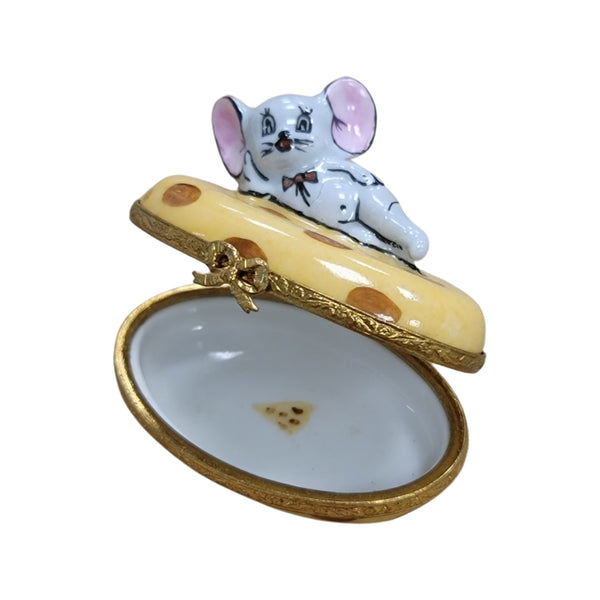 Charming Mouse on Cheese Box Porcelain Limoges Mouse Food French Trinket Box