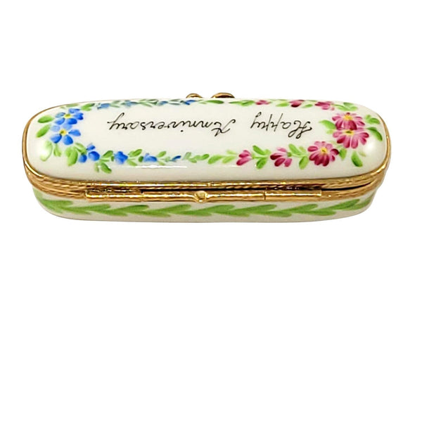 Oblong Happy Anniversary Porcelain Limoges anniversary wedding French Trinket Box