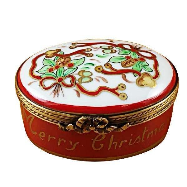 Oval Merry Christmas Box for Holiday Gifting Porcelain Limoges xmas theme French Trinket Box