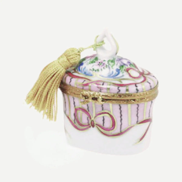 Oval w Tassel: Recamier Pink es Porcelain Limoges traditional French Trinket Box