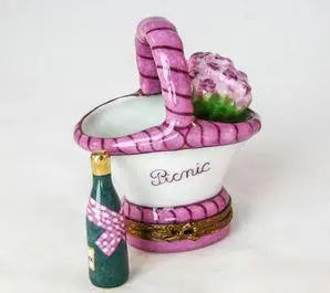 Picnic Basket Flowers Champagne Porcelain Limoges Basket Love Valentine Special Food French Trinket Box