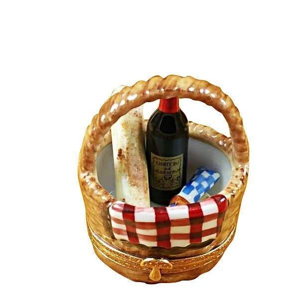 Picnic Basket with Wine, Bread, Cheese & Napkin Porcelain Limoges Home Beach Basket French Trinket Box