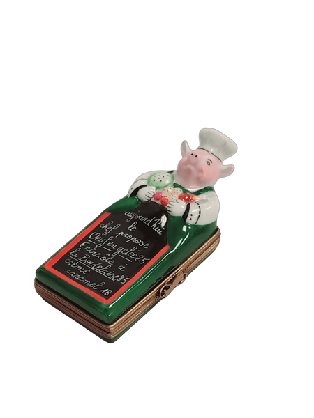Pig Chef w Menu Porcelain Limoges pig professional limoges boxes French Trinket Box