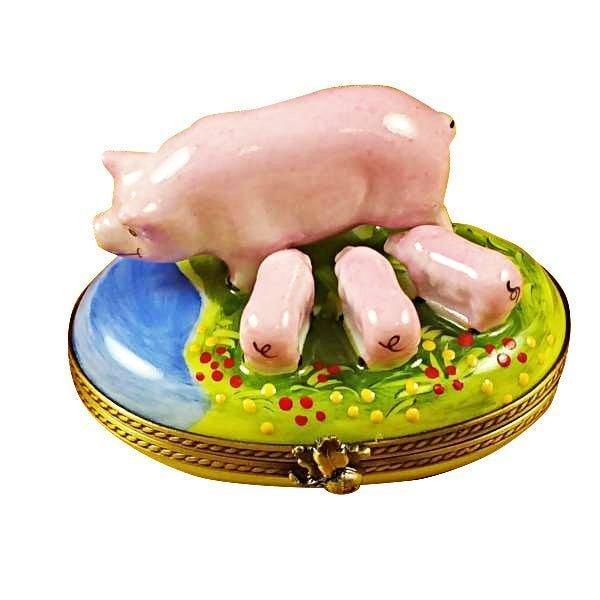 Pig with Three Babies Porcelain Limoges farm pig French Trinket Box