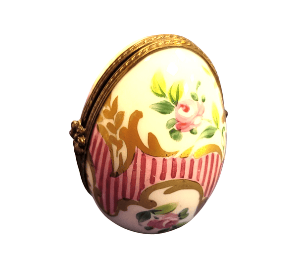Pink Stripes Oval Picture Frame Porcelain Limoges egg French Trinket Box