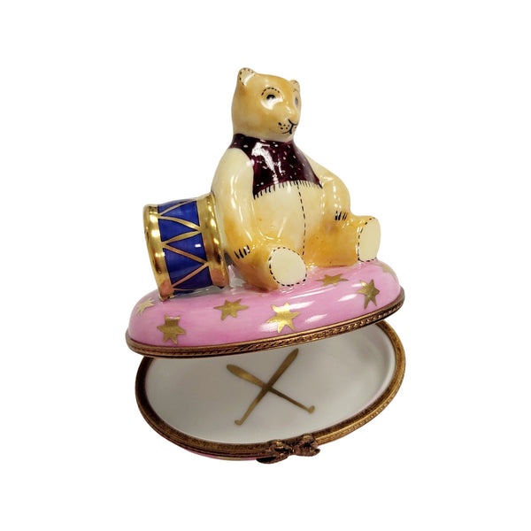 Pink Teddy Bear with Drum Porcelain Limoges Teddy xmas French Trinket Box