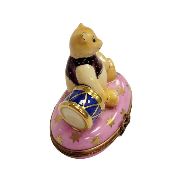 Pink Teddy Bear with Drum Porcelain Limoges Teddy xmas French Trinket Box