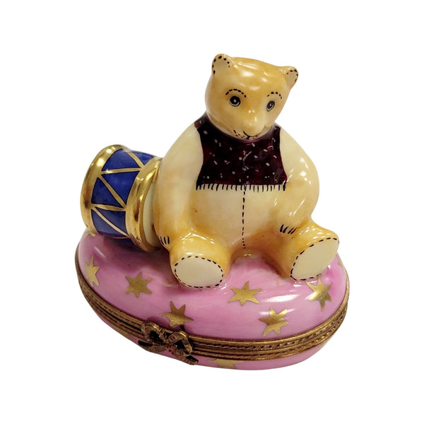 Pink Teddy Bear with Drum Porcelain Limoges Teddy xmas French Trinket Box