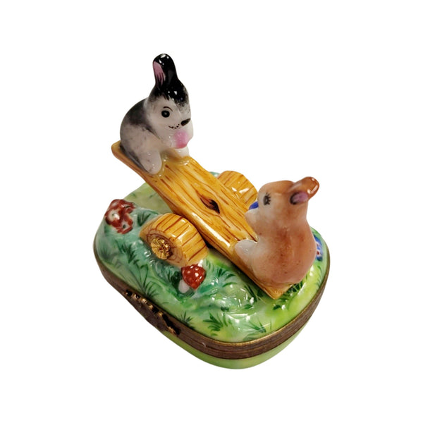 Playful Rabbit See-Saw Delight Porcelain Limoges rabbit mice mouse French Trinket Box