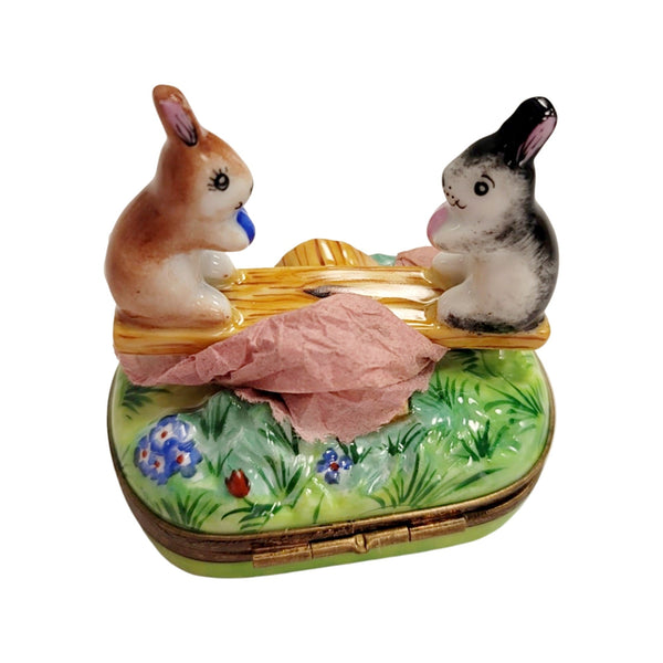 Playful Rabbit See-Saw Delight Porcelain Limoges rabbit mice mouse French Trinket Box