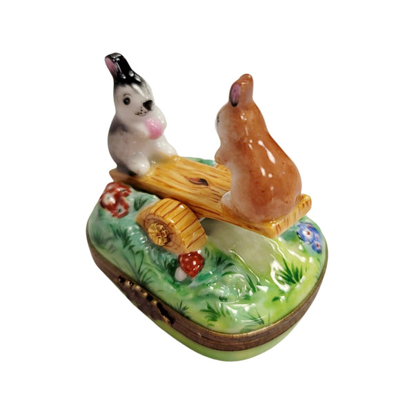 Playful Rabbit See-Saw Delight Porcelain Limoges rabbit mice mouse French Trinket Box