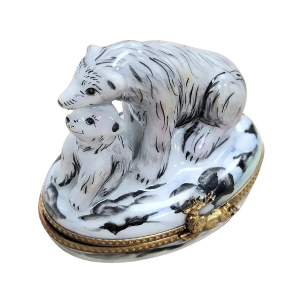 Polar Bear and Cub Figurine Porcelain Limoges bear wild animal French Trinket Box
