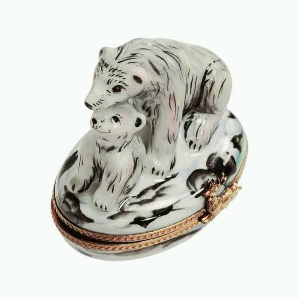 Polar Bear and Cub Figurine Porcelain Limoges bear wild animal French Trinket Box