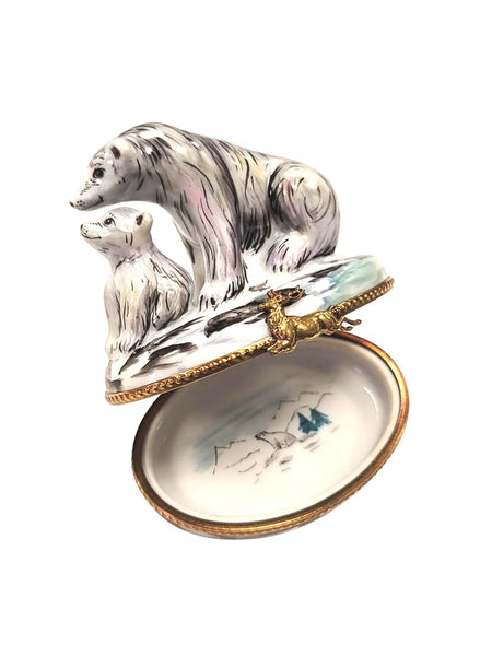 Polar Bear and Cub Figurine Porcelain Limoges bear wild animal French Trinket Box