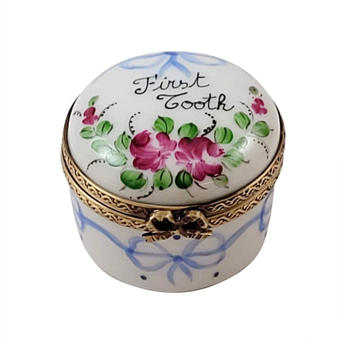 Blue First Tooth Porcelain Limoges Baby French Trinket Box