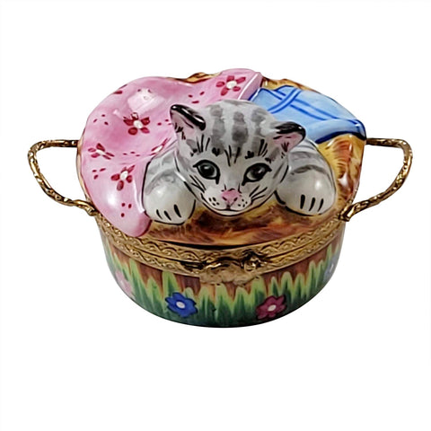 Kitten in Basket Porcelain Limoges Cat shoe French Trinket Box