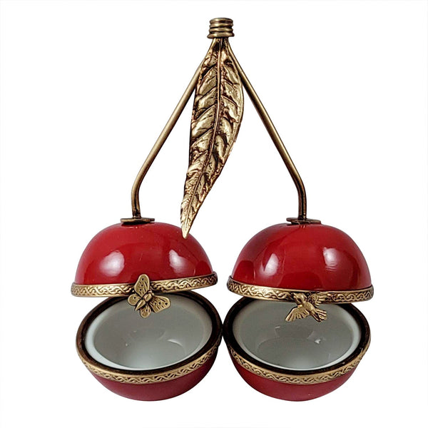 TWO CHERRIES WITH BRASS STEMS Porcelain Limoges fruit Rochard Limoges Box French Trinket Box