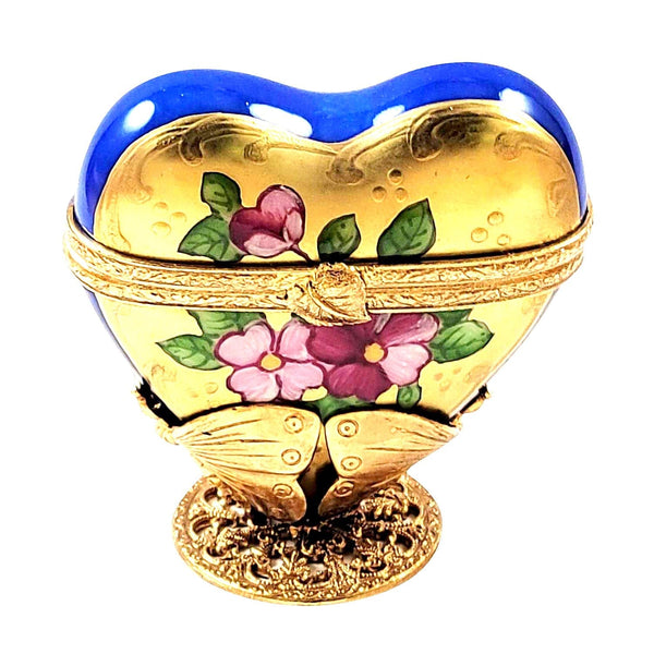 Blue Gold Heart on Butterfly Brass Stand Porcelain Limoges Heart Butterfly French Trinket Box