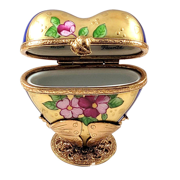 Blue Gold Heart on Butterfly Brass Stand Porcelain Limoges Heart Butterfly French Trinket Box