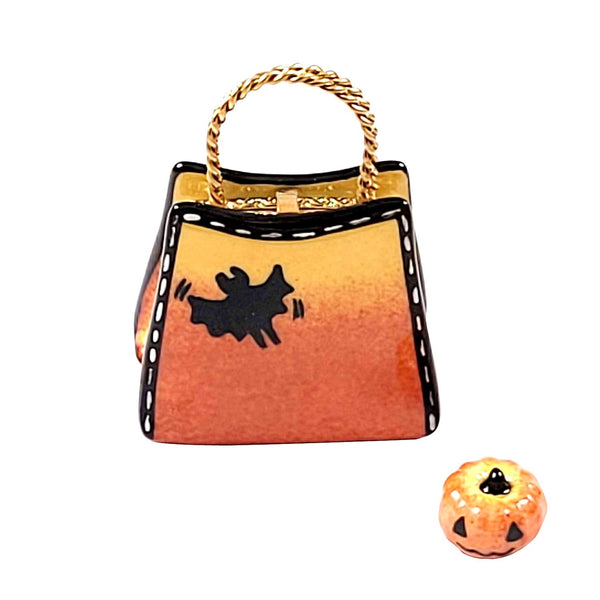 TRICK OR TREAT BAG w Candy Pumpkin Porcelain Limoges Halloween French Trinket Box