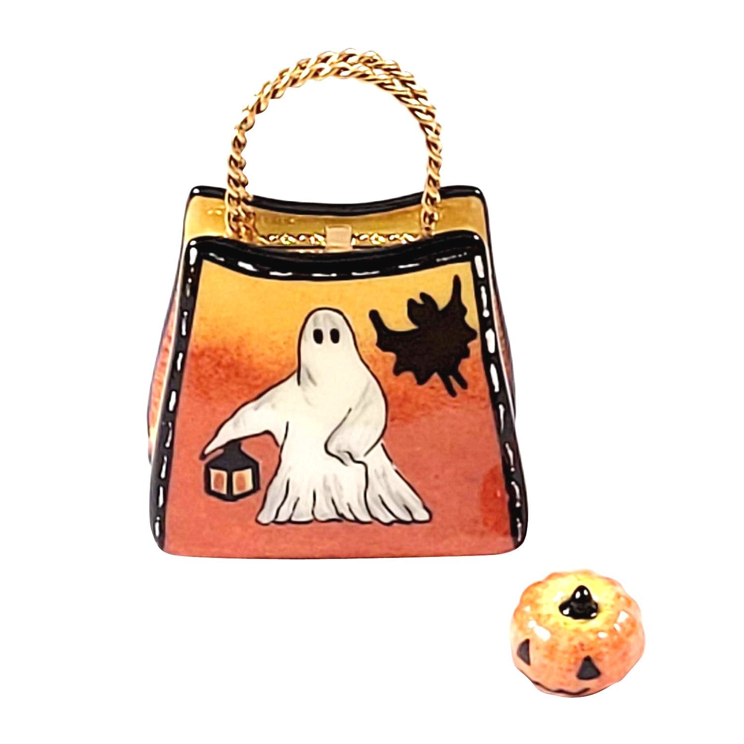 TRICK OR TREAT BAG w Candy Pumpkin Porcelain Limoges Halloween French Trinket Box