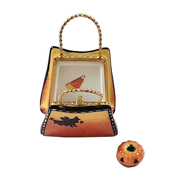 TRICK OR TREAT BAG w Candy Pumpkin Porcelain Limoges Halloween French Trinket Box