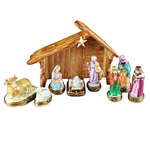 Eight Piece Mini hinged Nativity w Stable Porcelain Limoges nativity religion christian French Trinket Box
