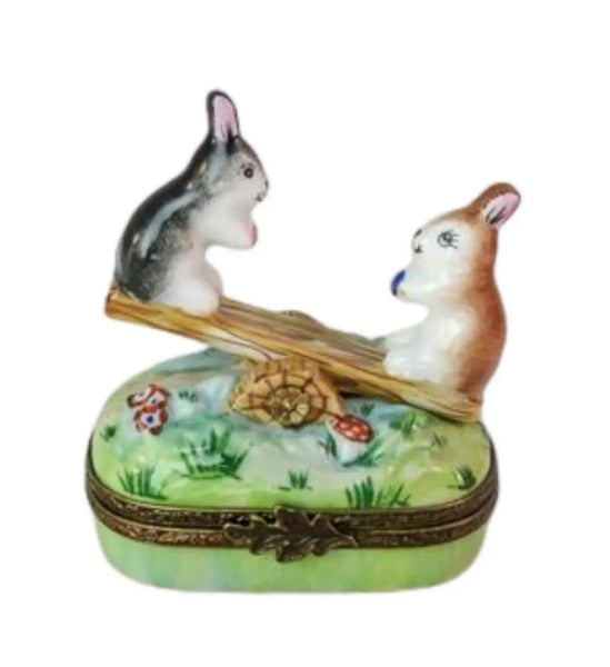 Rabbit Seasaw- Porcelain Limoges mice rabbit limoges boxes French Trinket Box