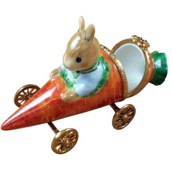 Rabbit in Carrot Car Porcelain Limoges Rabbit French Trinket Box